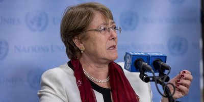 UN High Commissioner for Human Rights Michelle Bachelet at a press conference at the UN headquarters (New York). Photo source: UN Photo/Laura Jarriel