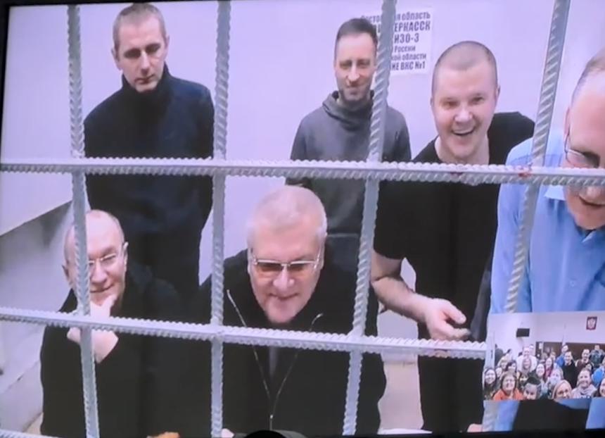 Convicted residents of Gukovo communicate via video call from the pretrial detention center with the group of supporters that came to the cassation hearing